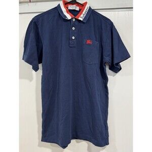 Vintage Burberry Polo Shirt Mens Large Navy S/S Cotton Made in England